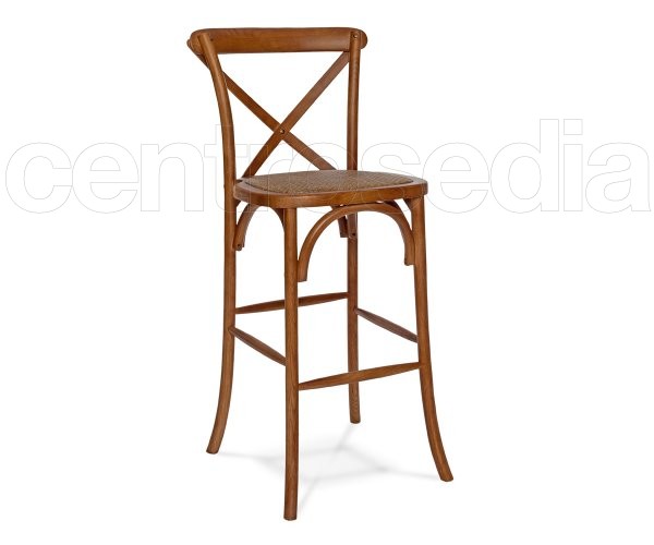 "Cross" Wooden Barstool - Rattan Seat